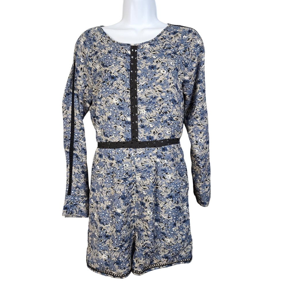 RANNA GILL Size Small Anthropologie Hettie Blue Floral Long Sleeve Romper Pocket